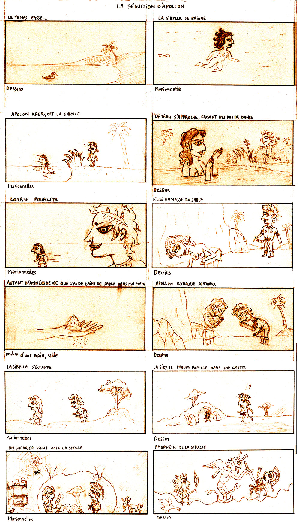 Storyboard de la scène la séduction d'Apollon, le Chant des Sibylles. Illustrations et marionnettes : Julien Cordier